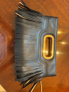 Fringe Leather Handheld Clutch with Gold Accent - Black